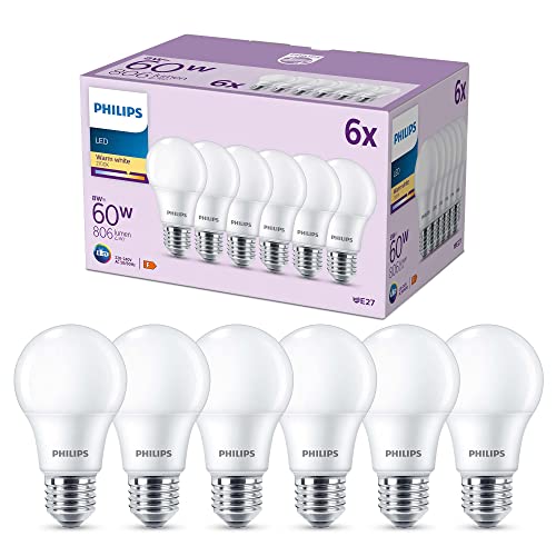 Philips - Bombilla LED clásica mate 8W (Eq. 60W) 806 lúmenes, casquillo E27, Luz Cálida (2700K) - Pack de 6 Bombillas