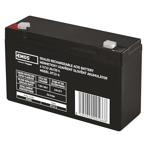 EMOS - Batería de plomo sin mantenimiento - 6 V, 12 Ah - Batería AGM - Conexión Faston de 4,7 mm - Para sistemas de alarma, tecnología de detección de incendios, dispositivos SAI - 151 x 51 x 94 mm