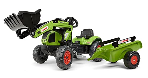 FALK - Tractopelle à pédales Claas avec remorque - Jeux exterieur enfant - Tracteur enfant - Dès 2 ans - Fabriqué en France - Pelle frontale articulée - volant directionnel avec klaxon - 2040AM