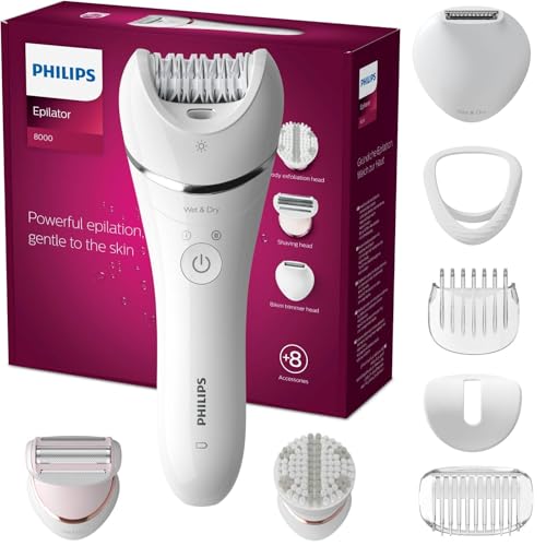 Philips Series 8000 - Epilateur Wet & Dry sans fil pour les jambes et le corps, avec 8 accessoires, rasoir, tondeuse et embout exfoliant pour le corps, (modèle BRE735/00)