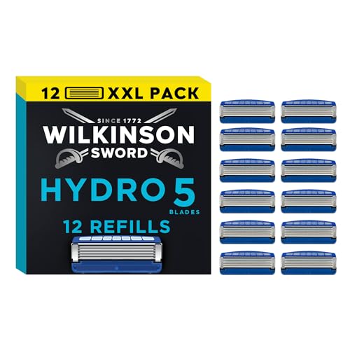Wilkinson Sword Hydro 5 Lot de recharges de rasoirs pour hommes, idéal pour les trousses de toilette des hommes, parfait pour le rasage quotidien et les vacances, lot de 12 lames de rasoir de rechange