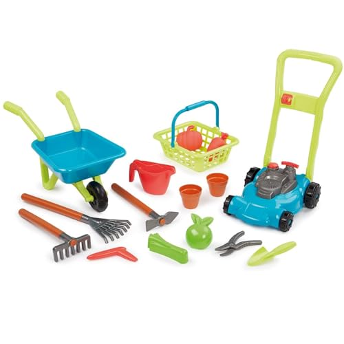 Jouets Ecoiffier - 4585 - Super pack jardin 3 en 1 : tondeuse,brouette garnie,panier et accessoires de jardinage- Outillage de jardin pour enfants - Jeu de Plein air - Dès 18 mois - Fabriqué en France