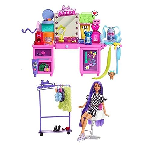 Barbie Extra Coffret Coiffeuse avec poupée articulée Exclusive, Figurine Chiot et Plus de 45 éléments, Jouet pour Enfant, GYJ70