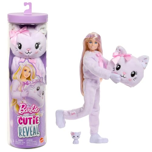 Barbie Cutie Reveal Puppe und Zubehör, Kätzchen der Cuddly-Reihe mit 10 Überraschungen, inklusive Farbänderung und Mini-Haustier, JJP64