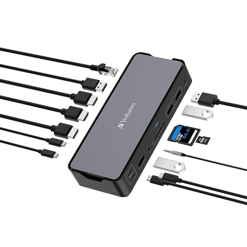 Verbatim USB-C Pro Docking Station, hub 15 in 1, adattatore multiporta a HDMI 4K e 8K, USB-A e USB-C, PD 80W, AUX, lettore di schede, per Mac/Windows Laptop e Co