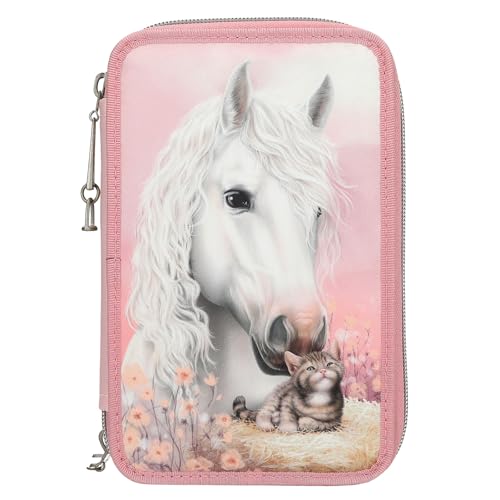 Depesche 13687 Miss Melody True Friends: estuche de 3 compartimentos relleno en rosa, con motivo de caballos y gatos, estuche con lápices de colores, tijeras, regla y mucho más.