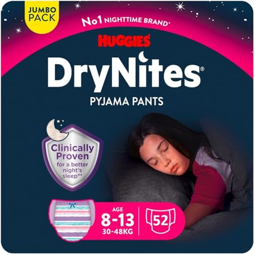 HUGGIES DryNites®, sous-vêtements de nuit ultra-absorbants, 8/13 ans Filles (30-48 kg), 4x13 culottes ; la solution idéale, pour les enfants qui font pipi au lit, adapté à la morphologie des filles.