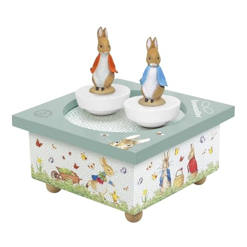 TROUSSELIER - Pierre Lapin Peter Rabbit - Boîte à Musique Bébé Dancing en Bois - 2 Figurines Amovibles - Cadeau Naissance et Bapteme - Musique Menuet de Mozart