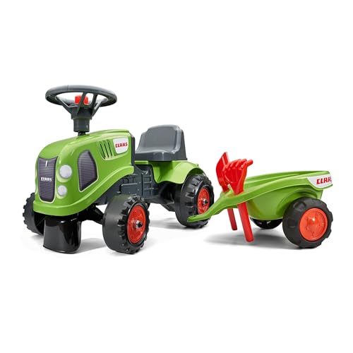 Falk - Porteur Tracteur Enfant Claas avec remorque - Dès 12 Mois - Fabriqué en France - Pelle et râteau Inclus - 2 Styles de Personnalisation - Plaque d'immatriculation Personnalisable - 212C