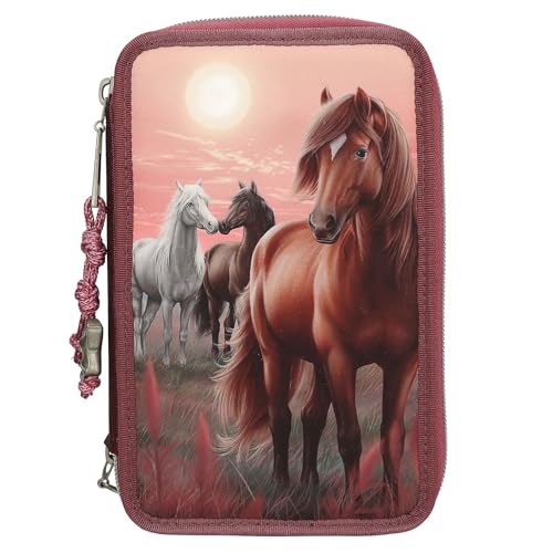 Depesche 13680 Miss Melody Dreamland - Estuche de 3 Compartimentos en Color Baya, con Motivo de Caballo, Estuche con lápices de Colores, Tijeras, Regla y Mucho más.