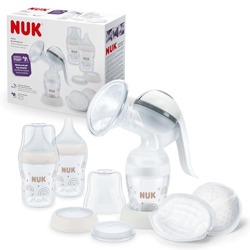 NUK tiralatte manuale | Cuscinetto in morbido silicone | Leva ergonomica | 2 x biberon Perfect Match | 150 ml | 2 x cuscinetti per il seno monouso NUK High Performance