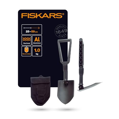 Fiskars Pala plegable para camping y alpinismo, 2 en 1: Pala y pico, Funda de tela incluida, Longitud: 59 cm, Acero al boro templado, Negro, 1000621