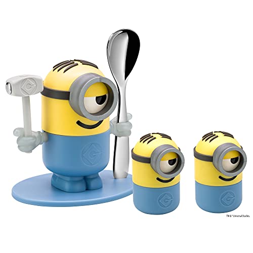 WMF Minions Juego de 4 hueveras con cuchara, salero y pimentero, a partir de 3 años, plástico, sin BPA, amarillo, azul
