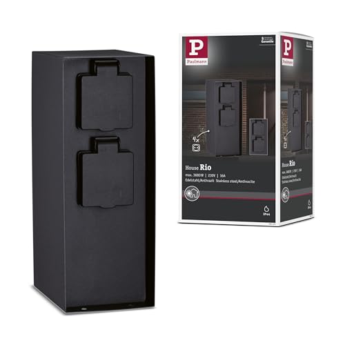 Paulmann 94313 Columna de enchufes exterior RIO, 4 enchufes, máx. 3650 W, iluminación exterior, antracita, iluminación para jardín, acero inoxidable, control