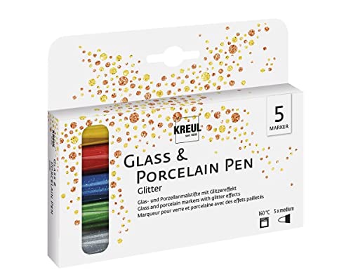 Kreul 16530 - Penna in vetro e porcellana glitterata, 5 penne in giallo sole, rosso, blu, verde e antracite, larghezza del tratto circa 1-3 mm, colore semitrasparente con effetto glitterato