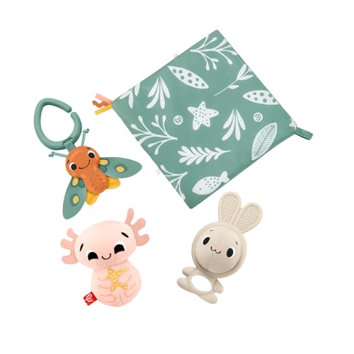Fisher-Price Coffret Sensoriel Les Sens En Éveil Avec 4 Jouets Sensoriels Pour Stimulation Motricité Fine Et Sens, Anneau Dentition, Peluche Axolotl, Hochet Papillon, Jouet Bébé, HRB17