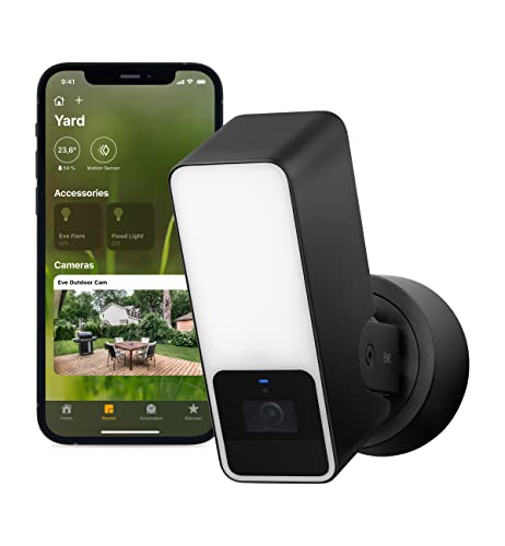 Eve Outdoor Cam: telecamera sicura con riflettore, massima protezione e privacy (HomeKit Secure Video), 1080p, visione notturna, Wi-Fi (2,4 GHz), sensore di movimento, comunicazione bidirezionale