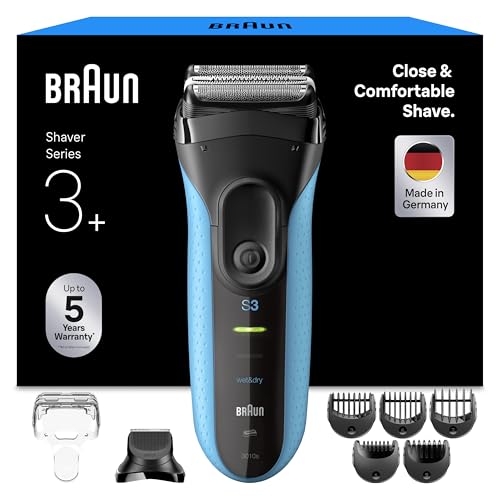 Braun Series 3+ Rasierer Herren Elektrisch, Elektrorasierer mit 3 Flexiblen Klingen, Rasierapparat Made in Germany, Barttrimmer-Aufsatz, +5 Kammaufsätze, Nass- & Trockenrasierer, 3010BT, Blau