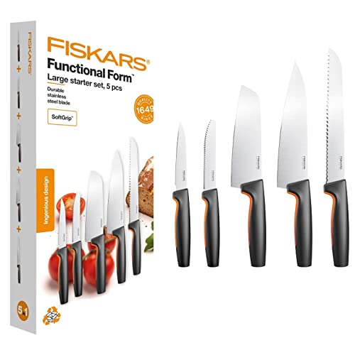 Fiskars Set de 5 Couteaux de Cuisine, Functional Form, inclus: Couteau de Chef (grand), Couteau à Légumes, Couteau à Tomates, Couteau Santoku et Couteau à Pain, Inox Japonais/Plastique, 1057558