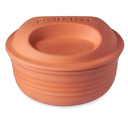 Römertopf Multibräter rund aus Naturton, Keramik Bräter für bis zu 4 Personen, 2 Liter Volumen, Ø 22,5 cm, Höhe 16,5 cm, fettfrei garen im Ofen, ideal für Brot, Aufläufe, Braten und kalorienarme Küche