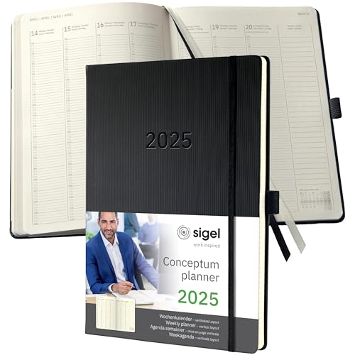 SIGEL C2518 Conceptum Agenda semanal 2025, diseño vertical, A4+, negro, tapa dura, dos páginas = una semana, 192 páginas