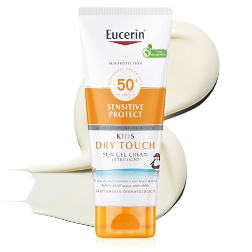 Eucerin Sensitive Protect Kids Dry Touch Sun Gel Cream SPF 50+ 200 ml, Crema solare 50+ bambini con filtri UVA/UVB, Protezione solare 50+ bambini resistente all'acqua, Pelle sensibile, Senza profumo