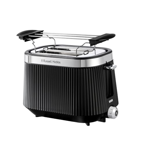 Russell Hobbs Tostapane 2 Fette Brontë Nero con 6 Livelli di Doratura, Opaco, Dettagli in Acciaio Inox, Fessure Larghe, Funzione High Lift, Opzioni Scongelamento, Riscaldamento e Annulla, 26760-56