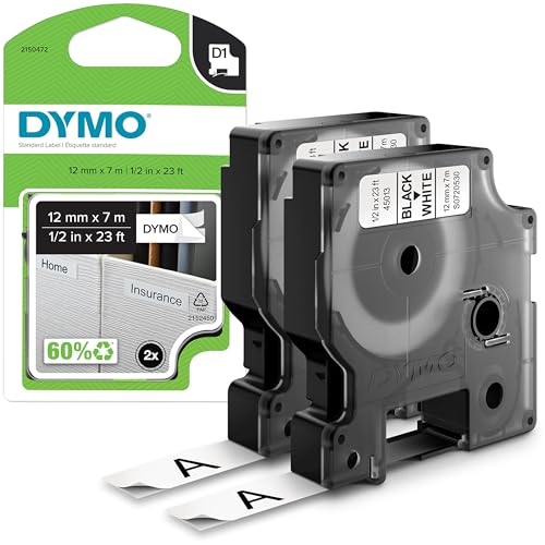DYMO D1 étiquettes autocollantes authentiques | impression en noir sur fond blanc | 12 mm x 7 m | pour étiqueteuses LabelManager | 2 étiquettes