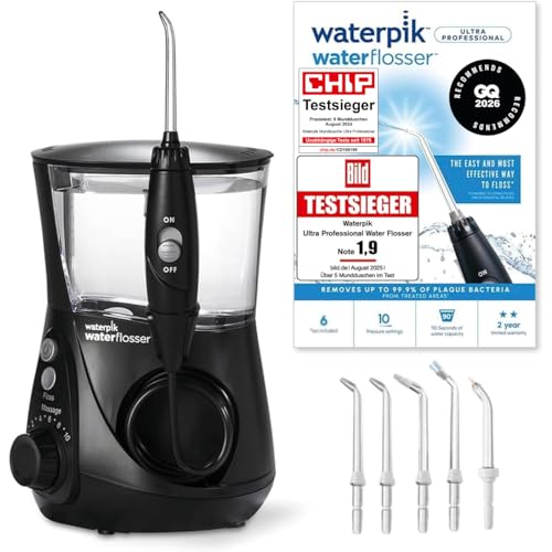 Waterpik Professional Water Flosser, Testsieger 2025, Precision Pulse Technology, TÜV Siegel, bis zu 99,9 Prozent Plaque Entfernung, 6x Aufsätze, 10x individuelle Modi, integrierter Timer, Schwarz