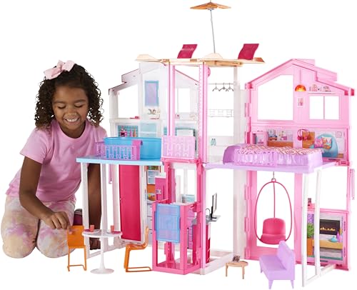 Barbie Supercasa, casa de muñecas con Accesorios , con Cuatro Habitaciones, terraza en la azotea, Detalles realistas, Piscina y Muebles, DLY32
