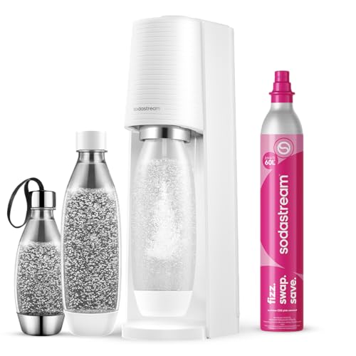 Sodastream Terra Machine à Eau Pétillante et Soda | Pack 2 Bouteilles 1L Compatible Lave-Vaisselle + 1 Bouteille 0,5L Compatible Lave-Vaisselle + 1 Recharge de Gaz 60L à Clipser | Blanche