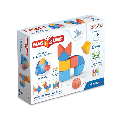 Geomag Magicube Shapes, Bloques de Construcción Magnéticos para Niños a Partir de 1 Año – Juego de 9 Cubos de 3 Colores y Formas Hechos de Plástico 100% Reciclado
