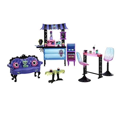 Monster High Coffret Au Cercueil Gourmand Décor De Café avec 2 Animaux De Compagnie, Mobilier Effrayant, Bar, Viennoiseries Et des Boissons, Jouet Enfant, Dès 4 Ans, HMV78