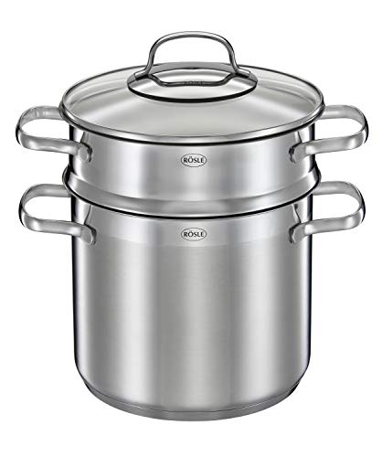 RÖSLE ELEGANCE Pastatopf, Hochwertiger Edelstahltopf zur Zubereitung von Nudeln oder Gemüse, 5 Liter, Edelstahl 18/10, Pastaeinsatz, Innenskalierung, Induktionsgeeignet, Spülmaschinengeeignet, 29 x 21,5 x 30,5 cm