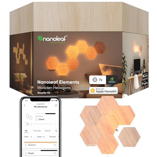 Nanoleaf Elements Kit de Inicio de 7 Hexágonos Luminosos LED Efecto Madera, Apliques de Pared Interior Modulares, Luces Led Inteligentes Regulable WiFi, Compatible Alexa, para Decoración Habitación