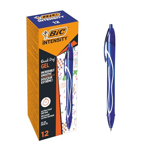 BIC Gel-ocity Quick Dry - Stylos-Gel Rétractables Séchage Ultra-Rapide - Pointe Moyenne (0,7 mm) - Bleu, Boîte de 12
