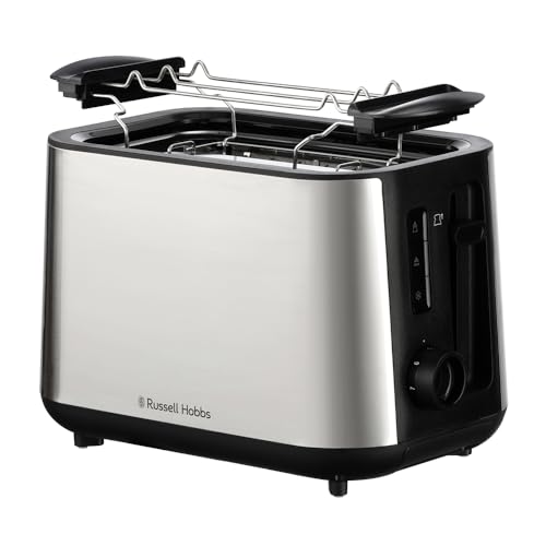 Russell Hobbs Tostadora, ranuras de gran tamaño, 6 niveles tueste, función de extraelevación, descongelar, recalentar y cancelar, función 'levantar y ver', acero inoxidable cepillado, Heaton 27390-56