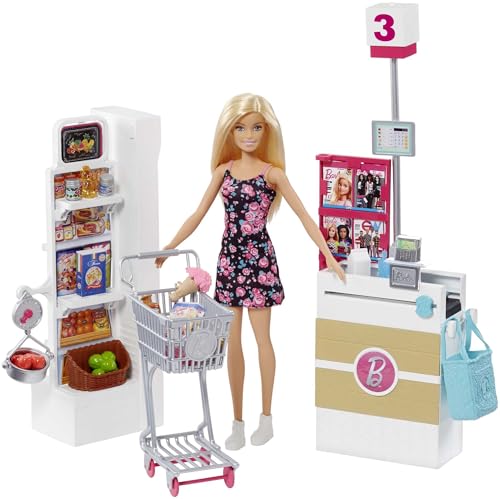 Barbie - Il Supermercato, playset con bambola bionda, carrello con ruote che girano e nastro trasportatore funzionante, scaffale con 20+ accessori, giocattolo per bambini, 3+ anni, FRP01