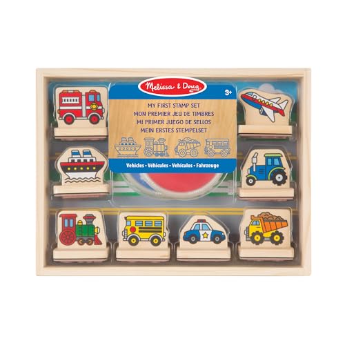 Melissa & Doug Timbri per Bambini - Set Stampi Veicoli in Legno, Lavoretti Creativi, Inchiostro Lavabile, Regalo per Feste, per Bambini, 3+ Anni