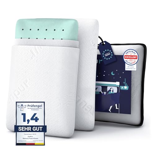 ZenPur Almohada Viscoelastica, Almohada Ortopédica con Funda de Bambú Fabricada en la EU, 2-Pack, Almohada Cervical Ideal para Dormir de Lado y para una Alineación Óptima de Cuello, Hombros y Columna