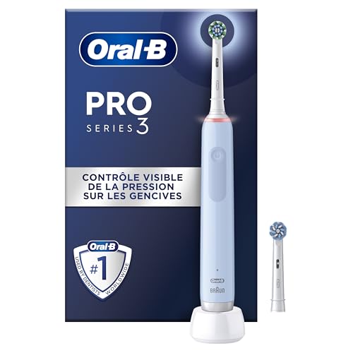 Oral-B Pro 3 3000 - Cepillo de dientes eléctrico con 3 modos de limpieza y control visual de presión de 360° para el cuidado dental, 2 cepillos de pinza, diseñado por marrón, azul