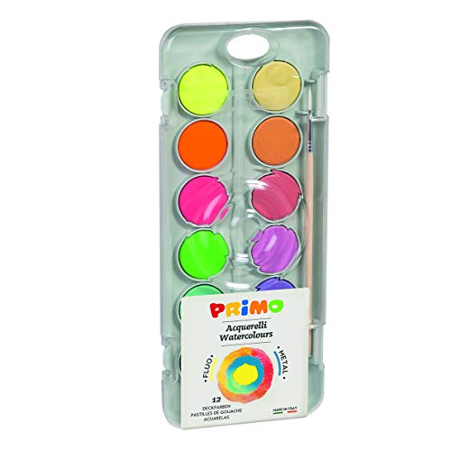 PRIMO - Acuarelas para Niños Artistas con 24 Colores Ø30 mm + 1 Pincel para Pintar, Kit Paleta para Pintar, Colores para Niños +3 Años Acuarelables para Manualidades Creativas
