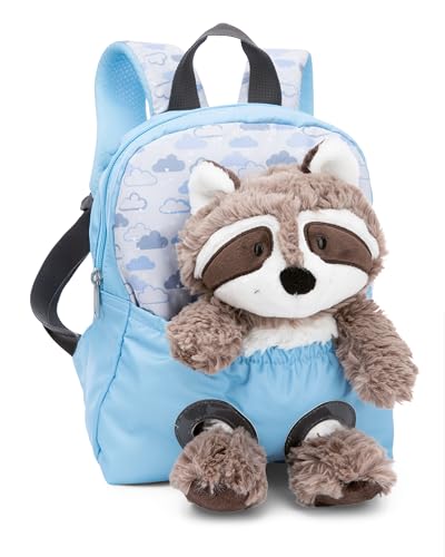 NICI mochila infantil azul 2 en 1 con mapache de peluche 25cm - Mochila guardería niñas y niños - Zona trasera suave y correas ajustables - 49844
