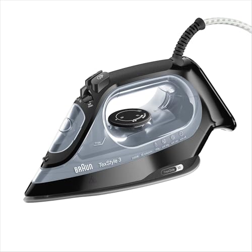 Braun TexStyle 3 - Fer à Repasser Vapeur avec Semelle FreeGlide 3D SuperCeramic, Débit Vapeur Jusqu’à 180g/min, Chauffe Rapide 35s, Arrêt Automatique, Réservoir 270ml, Noir (SI3055BK)