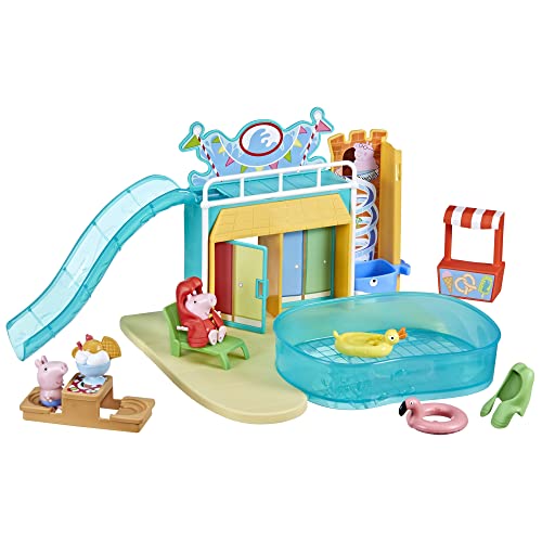 Peppa Pig - Peppa en el Parque Acuático Juego de rol con 2 Muñecos de Personajes de la Serie Infantil, Piscina, Helado y Tobogán de Juguete, Regalo para Niñas y Niños de 3 Años o Más