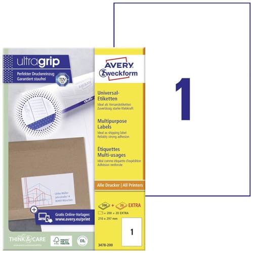 Avery 100 Etiquettes Autocollantes multi-usages (1 par Feuille) - 210x297mm - Impression Laser, Jet d'Encre - Blanc (3478)A4, 200 Plus 20 Universal-Labels extra