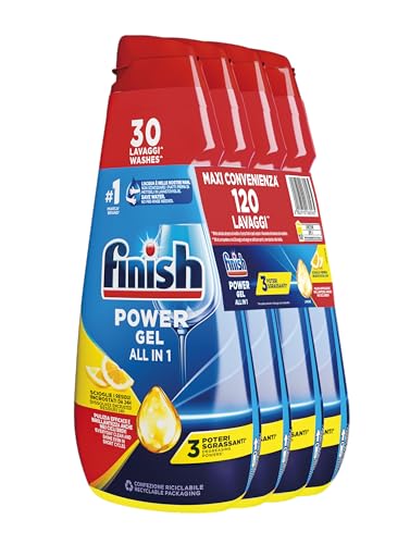 Finish Powergel Gel Detersivo per Lavastoviglie Liquido, Multiazione, Poteri Sgrassanti, Gel Lavastoglie al Limone, 120 Lavaggi, 4 Confezioni da 30 Lavaggi