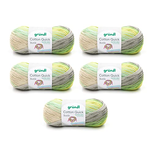 Gründl Laine Cotton Quick Batik – laine fine pour le crochet avec dégradé de couleurs – brillante et respectueuse de la peau – 100% coton – 5 pelotes 100 g / 260 m – taille d’aiguille 3–4 Vert-jaune