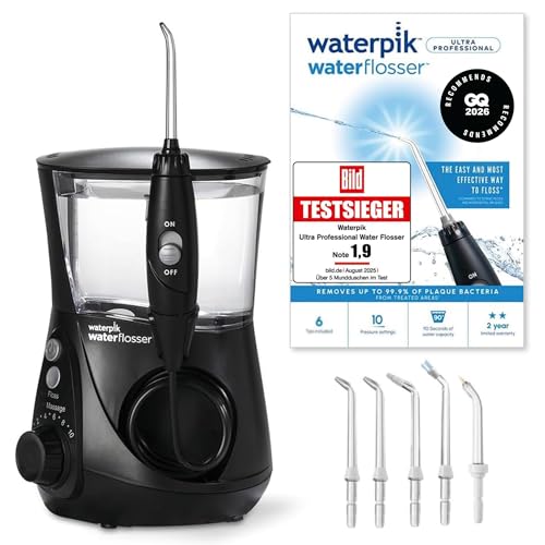 Waterpik Professional Water Flosser, Testsieger 2025, Precision Pulse Technology, TÜV Siegel, bis zu 99,9 Prozent Plaque Entfernung, 6x Aufsätze, 10x individuelle Modi, integrierter Timer, Schwarz