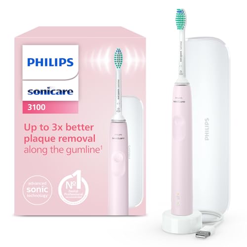 Philips Sonicare Serie 3100 Spazzolino elettrico sonico, con sensore di pressione incorporato, SmarTimer e QuadPacer, 1 testina, custodia da viaggio, rosa, HX3673/11, Sonicare 3100, Rosa